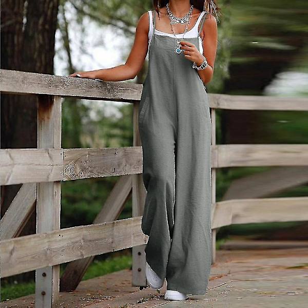 Plus Size Dame Bomuld Hør Dungarees Jumpsuit Playsuit Bred Ben Overalls Bukser Gray 4XL