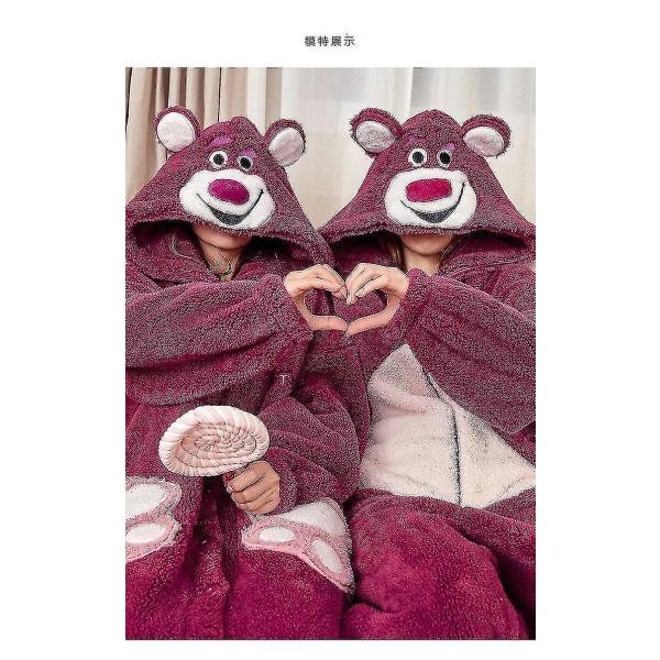 Kvinnor Onesies Pyjamas Strawberry Bear Kigurumi Thick Coral Velvet Loungewear Kvinnors Hemkläder Endelad Jumpsuit för vintern XL