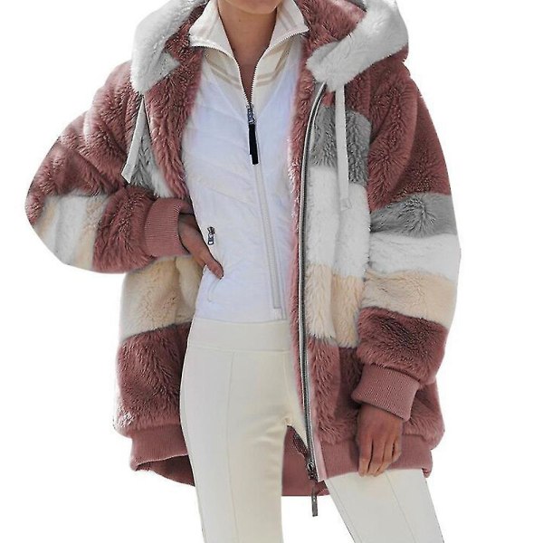 Dam Färgblock Långärmad Hooded Teddy Bear Fleece Jacka Vinter Varm Kappa Red 4XL