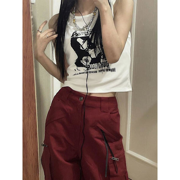 Grunge Tryck Ärmlös Sexig Linne för Kvinnor Ribbstickad Väst Streetwear Estetiska Kläder Kvinnlig Crop Top Kvinnor 2000-tal White M