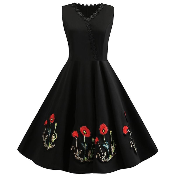 Dambroderad V-ringad vintage 50-tal 60-tal Rockabilly Evening Prom Swing Dress Midiklänningar S