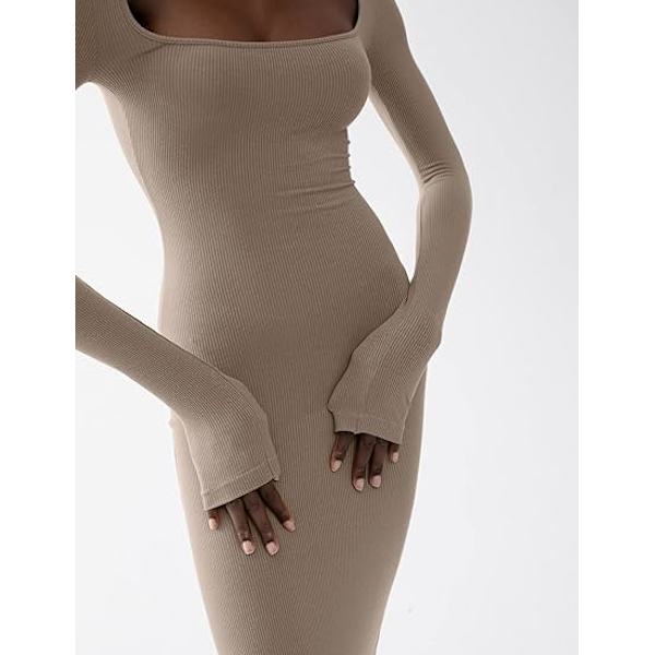 Kvinders firkantet hals langærmet maxikjole blød lounge ribstrikket bodycon kjole til kvinder khaki M khaki m