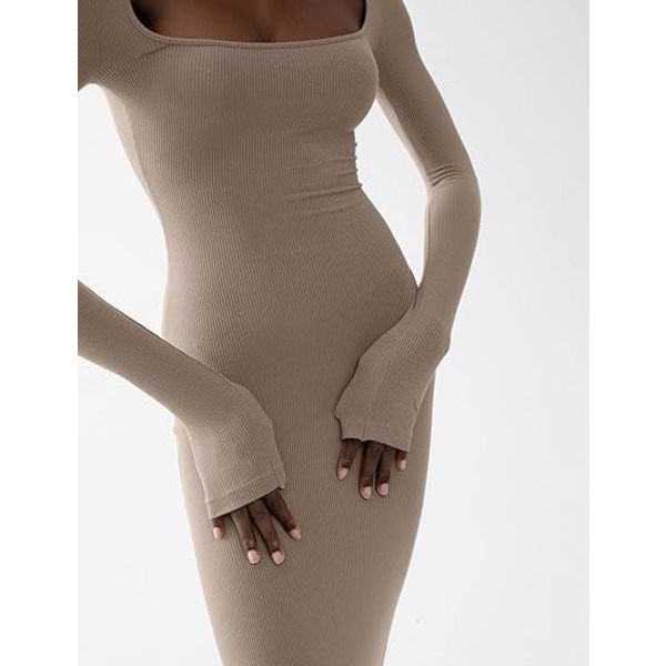 Kvinnors fyrkantig hals långärmad Maxiklänning Soft Lounge Ribbed Bodycon Klänningar för kvinnor khaki S khaki s