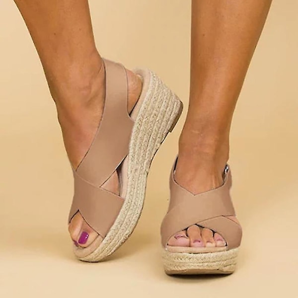 Kvinnor Sommar Ankel Strap Mid Wedge Heel Espadrilles Plattform Sandaler Skor Brown EU 40