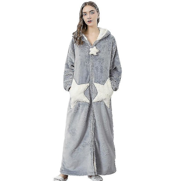 Dam Varm Morgonrock med Huva Mjuk Bekväm Flanell Lång Badrock Grey XL