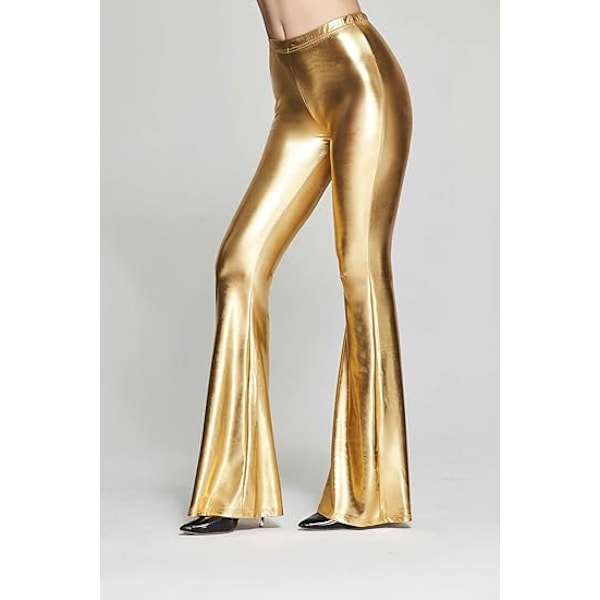 Dam Glittriga Metalliska Paljettbyxor med Hög Midja, Stretchiga Utsvängda Byxor, Guld Gold XL