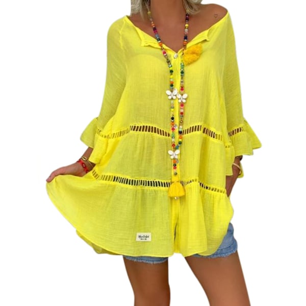 Dame Bomull Lin Hul Ut Ruffle Pullover Tunika Topper Bluse Skjorte Pluss Størrelse Yellow M
