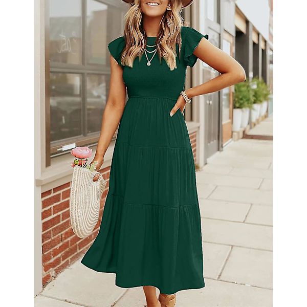 Sommarklänning för damer, ledig, med korta fjärilsärmar, rund hals, smockad resår i midjan och volangkjol i midilängd Forestgreen Small