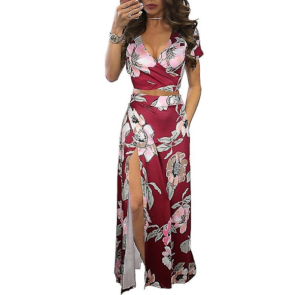 Dame V-hals Ferie Nederdel Sæt Print Crop Top Og Nederdele 2-delt Sæt Høj Talje Dragt Red M
