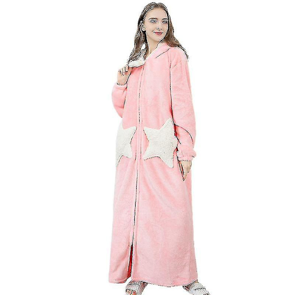 Dam Varm Morgonrock med Huva Mjuk Bekväm Flanell Lång Badrock Pink L