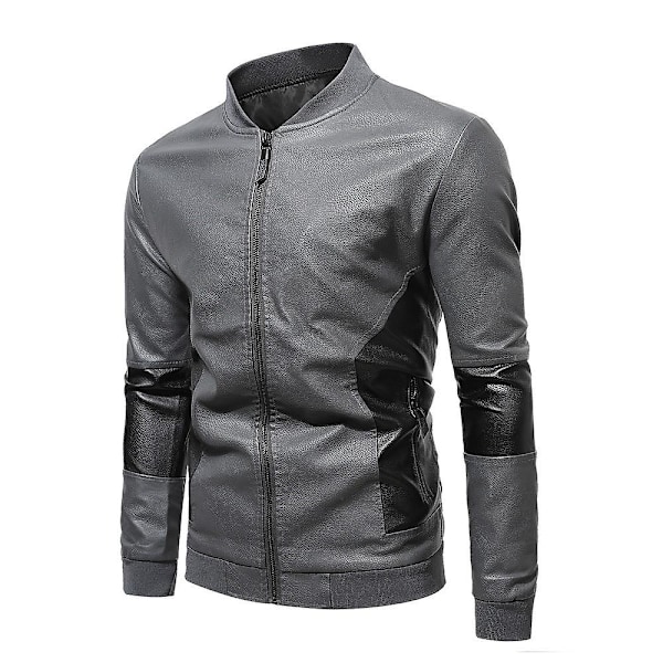 Herre Patchwork Stand Krave Læder Biker Jakke Slim Fit Casual Lynlås Frakke Overtøj Gray 2XL