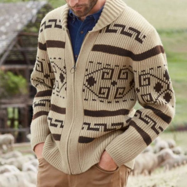 Khaki Zip Cardigan Jacquard stickad tröja för män, varma kläder för höst/vinter S