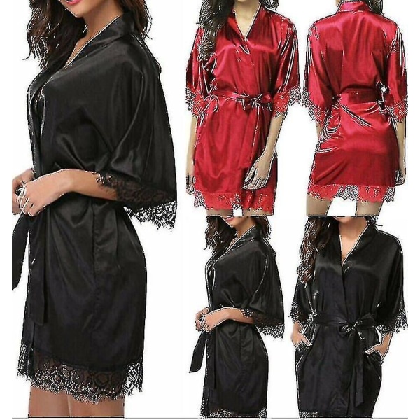 Satin Robe Bröllop Brudtärna Kimono Klänning Nattlinne Badrock -c Black S