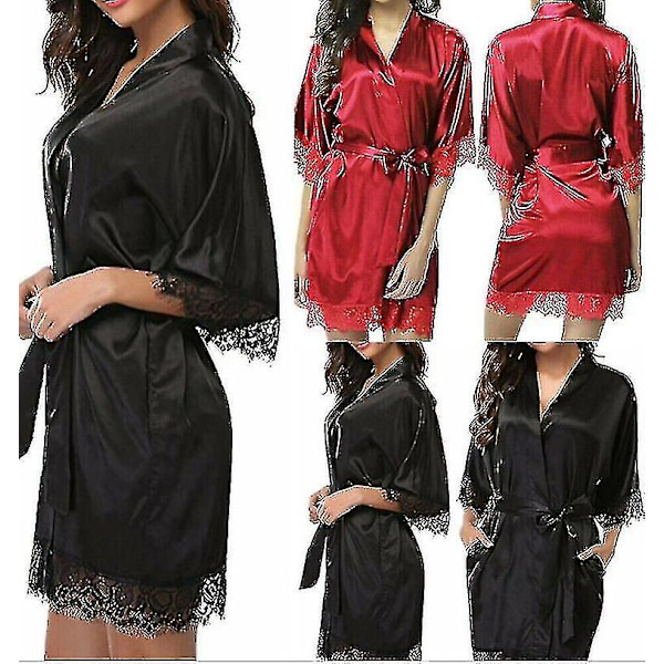 Satin Robe Bröllop Brudtärna Kimono Klänning Nattlinne Badrock -c Red M