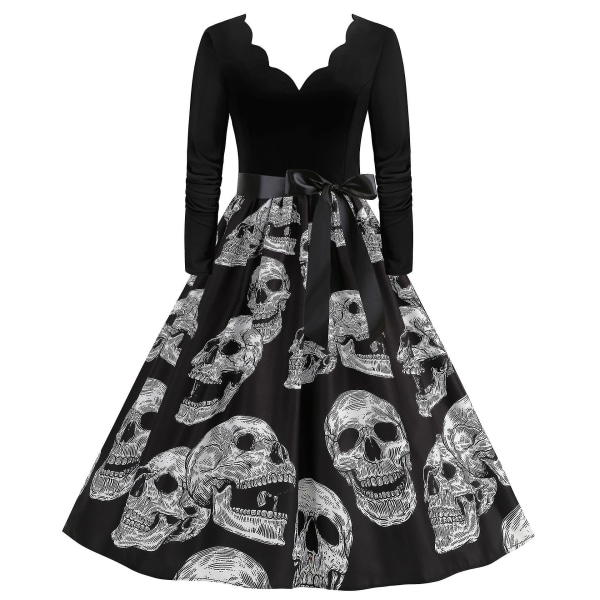 Halloween Kostym Klänningar Dam Skelett Pumpa Tryckt Casual Fåll Klänning Fest COLOR 8 L
