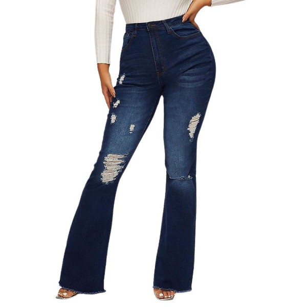 Kvinnor Ripped Jeans Slim utsvängda långbyxor Förstörd Casual Bootcut Denim byxor Dark Blue S