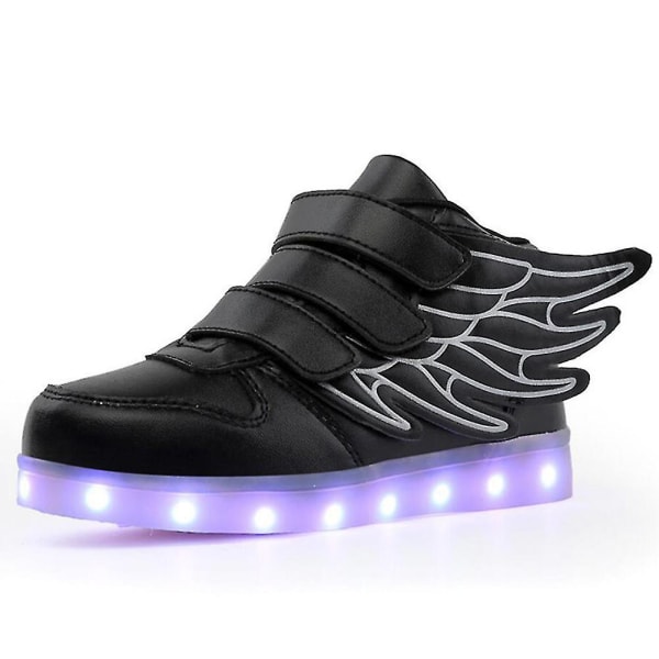 Led Light Up Hi-top Skor Med Wing USB Uppladdningsbara blinkande Sneakers För Småbarn Barn Pojkar Flickor Black 32
