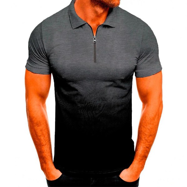 Herr Kortärmad Gradient Polotröjor Sommar Casual Sport Golf Dragkedja V-hals T-shirt Slim Fit Muskeltoppar Black 2XL