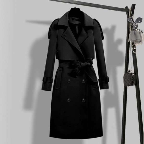 Klassisk trenchcoat för kvinnor Mellanlångt mode vindtät kappa för hösten vår dagligen Black XL
