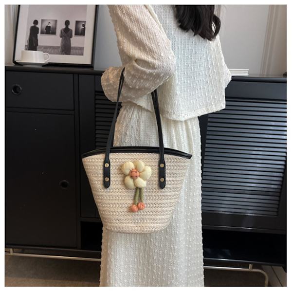 Sommar Tote Väska Dam Satchel Väska Stor Kapacitet Vävd Handväska Med Blomdekor För Jul Födelsedag Strandsemester Brown