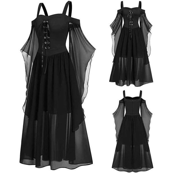 Maxiklänning med fjärilsärm för kvinnor medeltida punk gotiska kläder Sexig halloweenkostym Kallaxelkorsettklänningar A-black Small