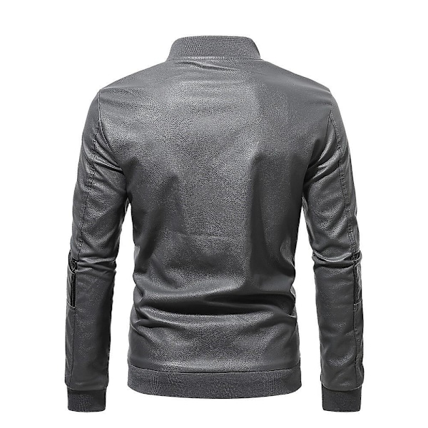 Herre Patchwork Stand Krave Læder Biker Jakke Slim Fit Casual Lynlås Frakke Overtøj Gray M