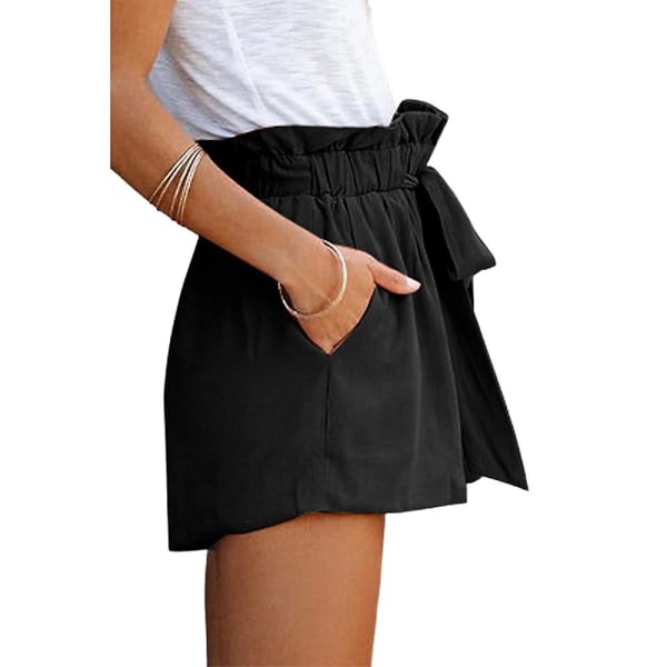 Dame Højtaljede Løse Paperbag Shorts Sommer Casual Bred Ben Korte Bukser Black M