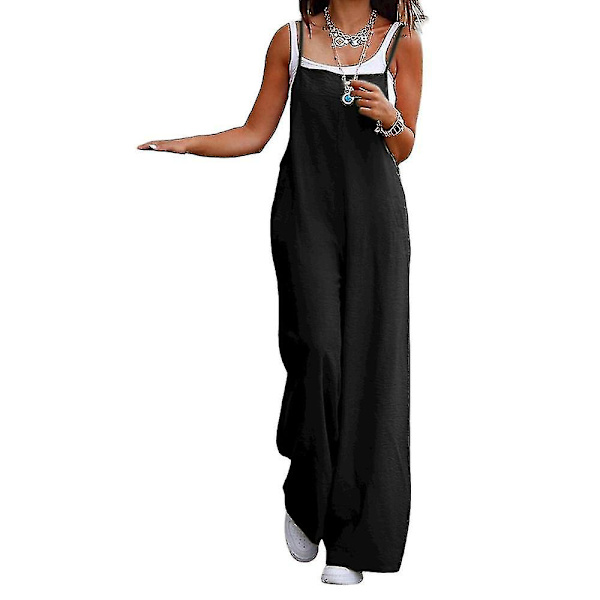 Dam Stora Storlekar Bomull Linne Hängselbyxor Jumpsuit Playsuit Vida Ben Overaller Byxor Black M