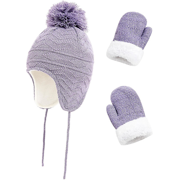 Barn Vinter Öronmuff Mössa Pompom Stickad Hatt Tjock Vante Värmare Set White