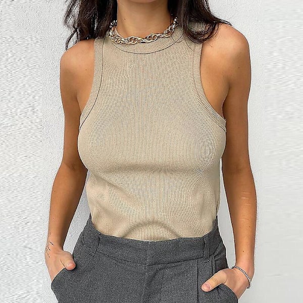 Strikket sommer ribbestrikket ermeløs T-skjorte topp klubb cropped tanktopp mote khaki M