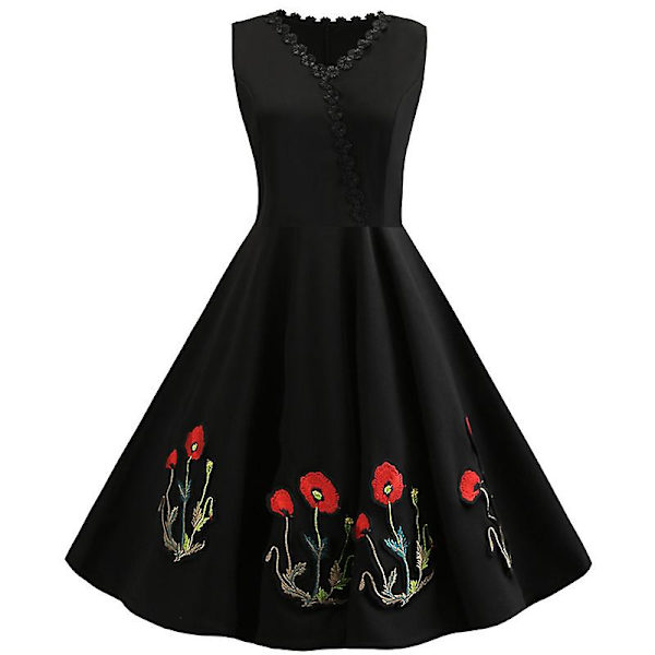 Kirjailtu V-aukkoinen vintage 50-luvun 60-luvun Rockabilly Iltapuku Swing Mekko Midimekko M