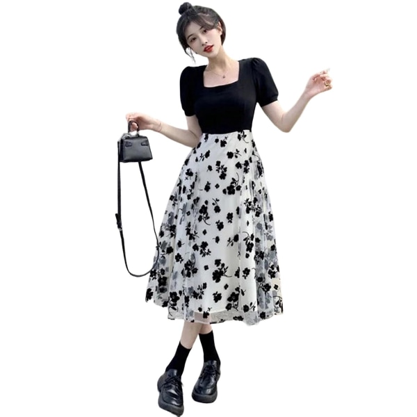 Dam Blommig Klänning Sommar Slim Klänning Lämplig För Strandkläder Black 2XL
