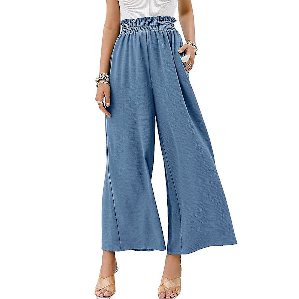 Dame Ensfarvede Elastiske Højtaljede Løse Cropped Bukser Bred Ben Casual Lange Bukser Blue Grey L