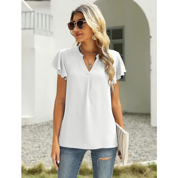 Dam Sommar Casual Delad V-ringning Chiffongblusar Lös Tunika Kortärmade Toppar 02white XXLarge