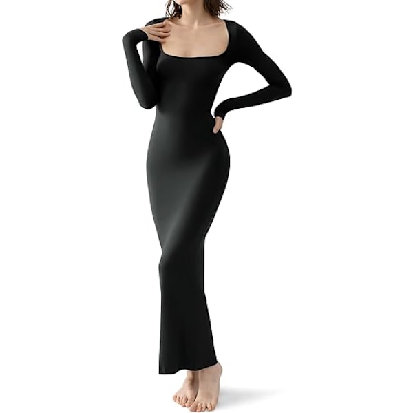 Kvinders firkantet hals langærmet maxikjole blød lounge ribstrikket bodycon kjole til kvinder sort M black m