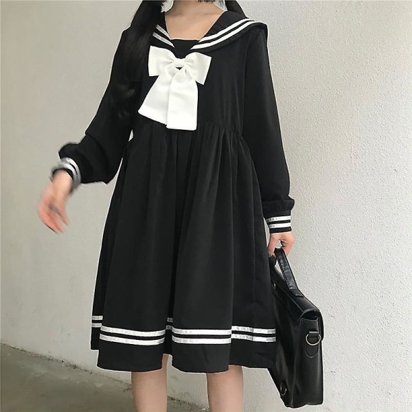 Svart Lolita-klänning Kvinnor Rosett Patchwork Lös Japansk Preppy Stil Sjömanskrage Kawaii Långärmad Klänning Jk Flickkläder L Black