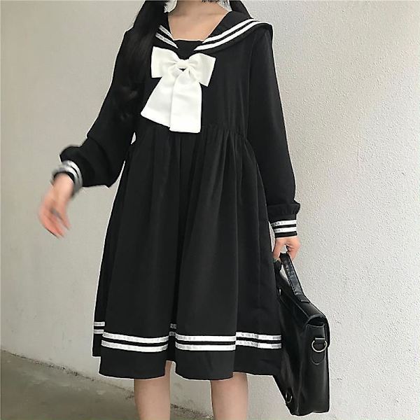 Svart Lolita-klänning Kvinnor Rosett Patchwork Lös Japansk Preppy Stil Sjömanskrage Kawaii Långärmad Klänning Jk Flickkläder M Black