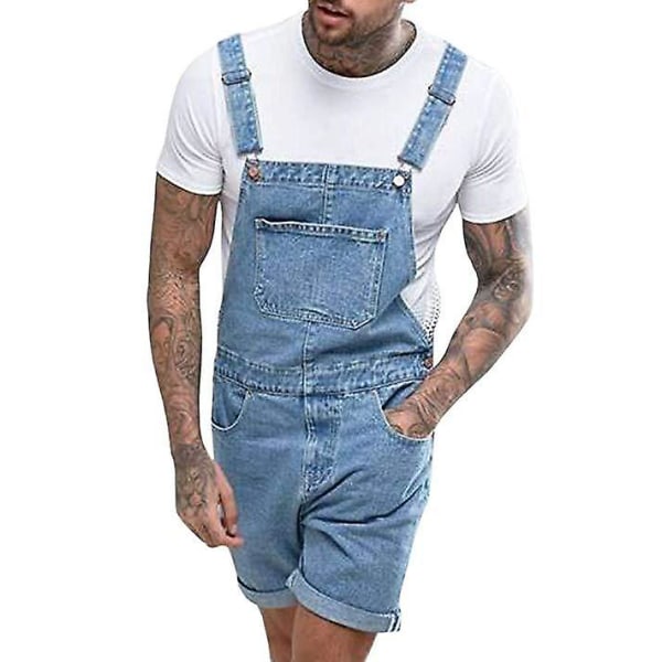 Denim slitna shorts för män, arbetsdräkt i ett stycke, byxor med axelrem blue M