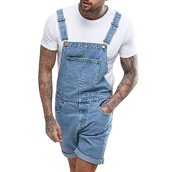 Herre Denim Flænger Shorts, Arbejdsdragt i ét stykke, Bukser med skulderstropper blue XXXL