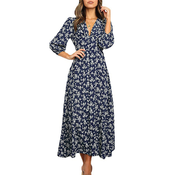 Långärmad Blommig V-ringad Ledig Klänning Dam Elastisk Hög Midja Klänning Lämplig För Strandkläder Purplish Blue 2XL