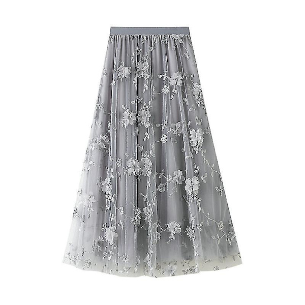 Kvinnors Mesh Broderi Halvlång Kjol Garn Kjolar A-linje Konst Hög Midja Lång Kjol Grey