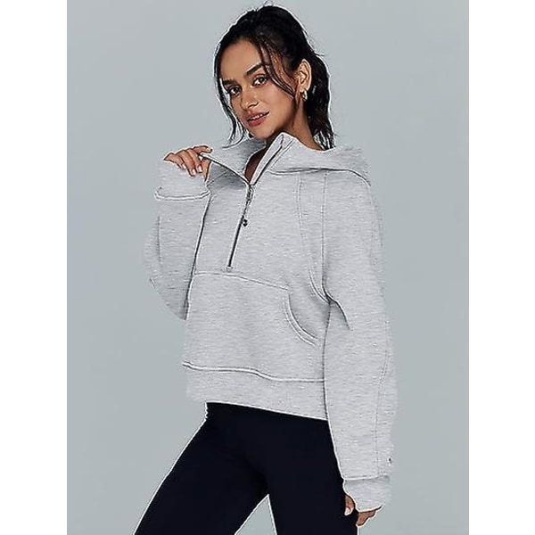 Efterår og vinter dame sports half zip yoga dragt løs kort hættetrøje Grey M