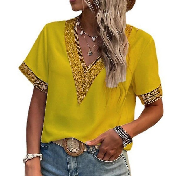 Dam Mode Spetsdetaljerad Tröja Dam Sommar Bohemisk V-ringad Blus Bekväm Yellow S