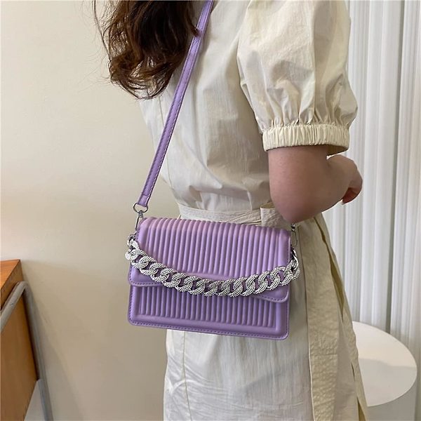 Dam Crossbody Väska - Liten Crossbody Väska Mode Enfärgad Läder Vertikalt Mönster Kedja Axelremsväska Messenger Handväska Purple