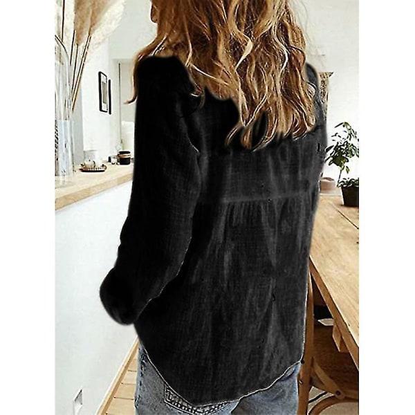 Dame V-hals T-skjorte Langermet Bluse med Knapper Black S