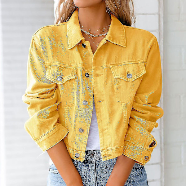 Dame Solid Denim Jakke Langærmet Ming Cardigan Suit Lomme Frakke Top Yellow M
