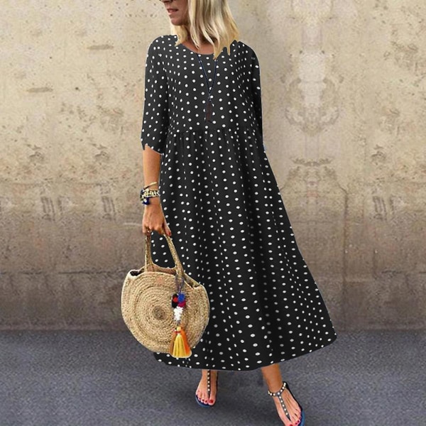 Klänningar för kvinnor O-hals Polka Dots Tre kvarts ärm Bohémisk klänning Black 3XL