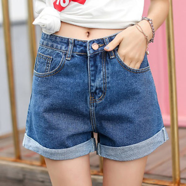Denimshorts för damer, hög midja, uppvikta ben, slitna, elastiska, för vardag, shopping och resor Dark Blue S
