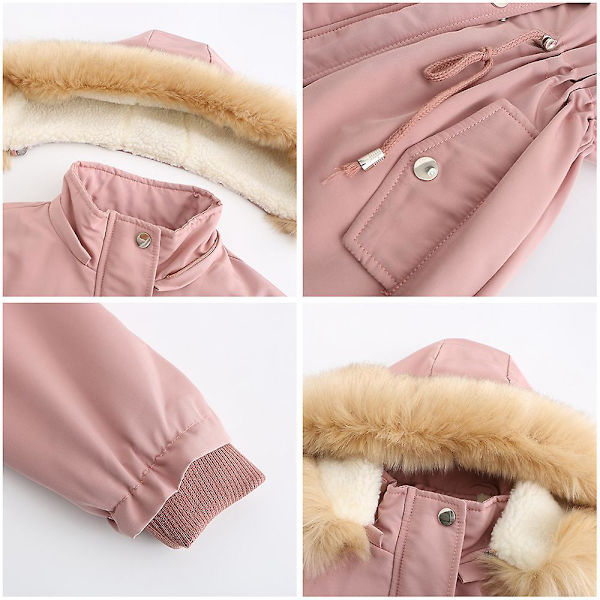Tykk hetteparkas for kvinner, vindtette fleeceforede jakker med lommer Pink M