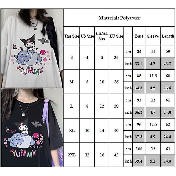 Kuromi Anime Tegneserie Print T-shirt Kvinder Teenagere Kortærmet Top Sommer Afslappet Løse Toppe Rund Hals Harajuku T-shirts White XL